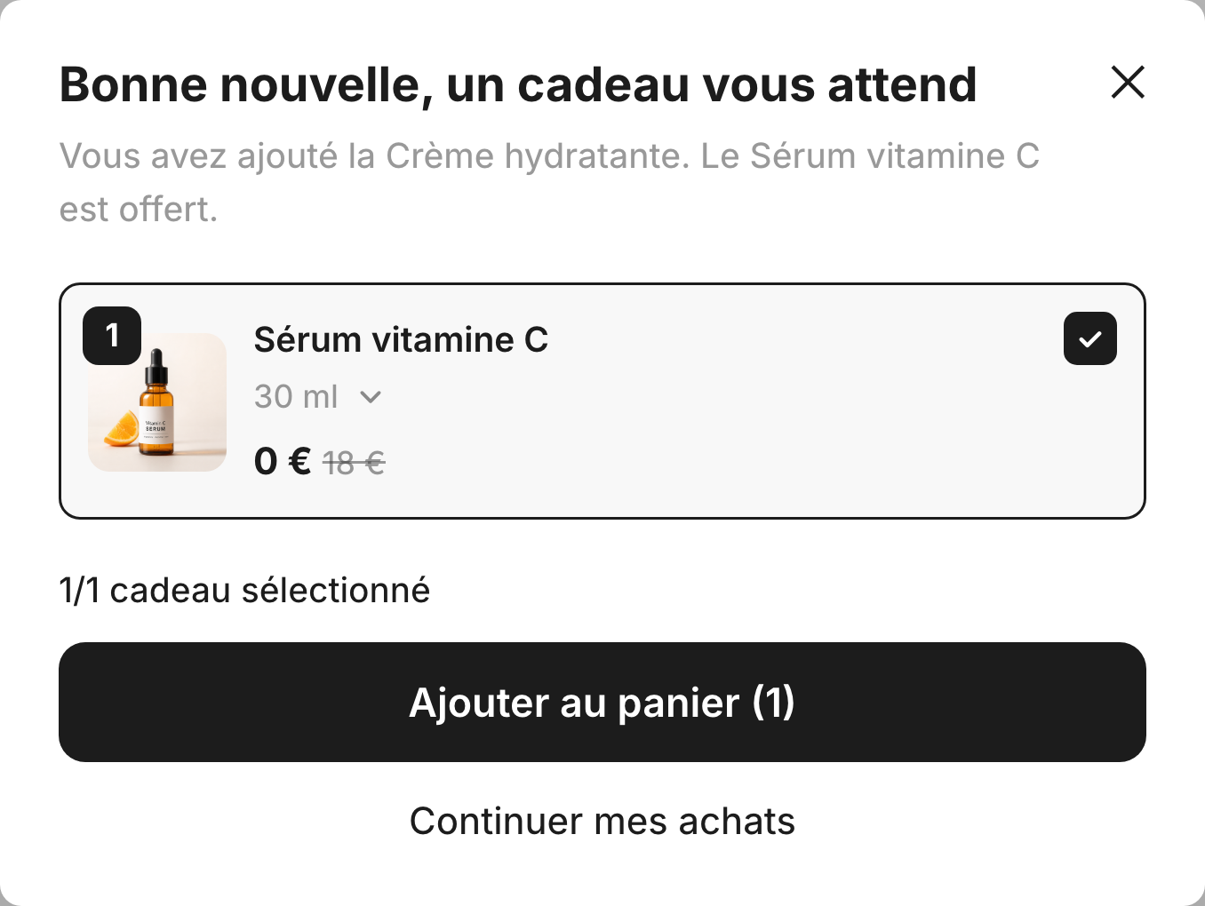 La fenêtre qui propose le cadeau lié au produit acheté