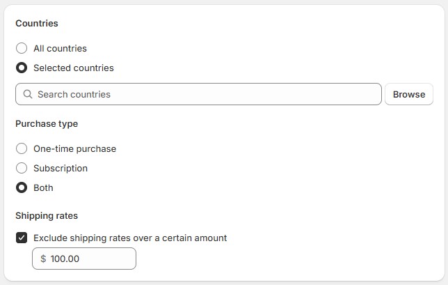 Free shipping discount settings in Shopify with selected countries and a $100 shipping rate exclusion rule.