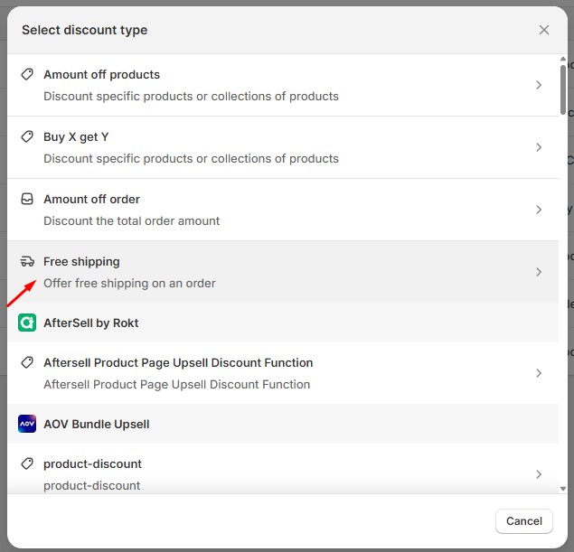 Shopify discount settings with “Free shipping” selected as the discount type option.