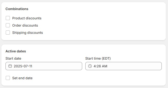 Shopify discount settings for combining product, order, and shipping discounts along with active start date and time.